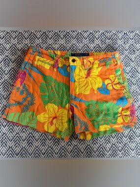 Polo Ralph Lauren Tropical Floral Linen Vintage Shorts Size 6 Orange Resort